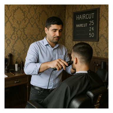 Draw me a picture of a barbershop that looks like this guy working in a barbershop. The barbershop doesn't have to be very modern. It should be on a medium floor. Also draw a blackboard on the wall. It should have the prices for haircuts there. sticker
