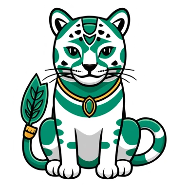 Maya sacred jaguar messenger - important message, perfect geometric lines like hieroglyphics, ONLY white and deep green colors, no other colors, flat design sticker