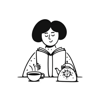 A person comfortably reading a book with a cup of tea nearby sticker