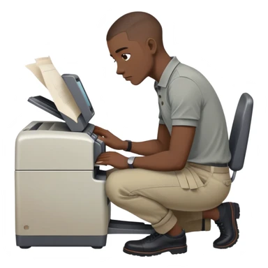 Gender: Male Hair: Buzzcut with faded sides, black Face: Furrowed brows, downturned lips Clothes: Rolled-sleeve polo shirt, chinos Action: Kneeling by jammed printer with paper scraps sticker