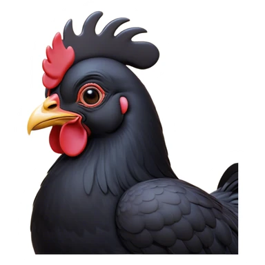 Cinematic Noble Black Chicken Portrait Emoji, Poised and regal, with a compact, sturdy build and a glossy, well-groomed pure black plumage, deep-set soulful beady eyes, Simplified yet sharp and sophisticated features, highly detailed, glowing with a soft, dignified glow, high shine, intelligent and alert, stylized with an air of mysterious elegance, focused and attentive, soft glowing outline, capturing the essence of a watchful and confident fowl, so majestic it feels as though it could strut out of the screen with effortless authority! sticker
