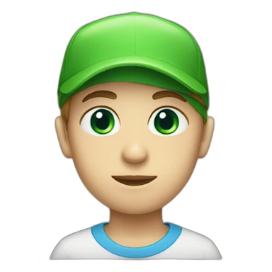 boy with green eyes and triangle head face shape, wearing a reverse blue cap sticker