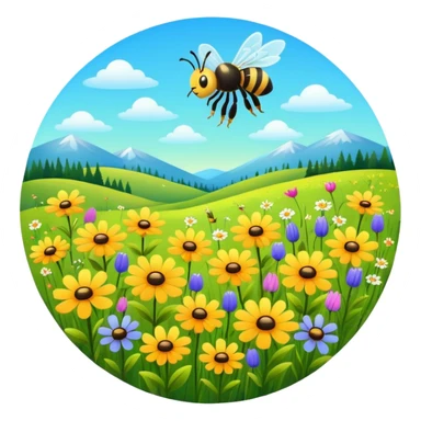 lively meadow with wildflowers and a buzzing bee, bright colors, rounded shapes sticker