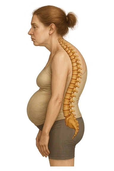 DONNA DI PROFILO CON LA POSTURA SBAGLIATA, SPINA DORSALE UMANA ANATOMICA REALISTICA IN EVIDENZA, LA PANCIA IN FUORI E LE SPALLE CHIUSE sticker