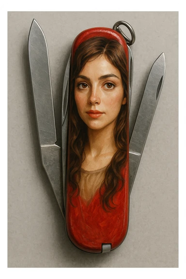 a detailed, character-focused illustration of a brunette woman with light brown eyes on a swiss army knife sticker