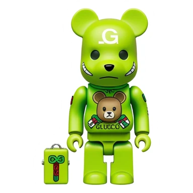 bearbrick with cube head in a lime green balaclava heavily tagged with multiple luxury and street brand logos, random placement like street graffiti, Supreme, Gucci, LV, Nike swooshes all mixed in wild street art style sticker
