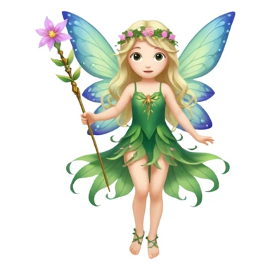 A flower fairy girl, with wings all over her body, one leg straight and the other bent, one hand raised holding a magic wand, the other hand lowered. sticker
