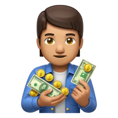 3D emoji, minecraft inspired character made of glossy plastic, holding money and gold coins, cinematic lighting, soft reflections, ultra detailed, centered, clean background, high resolution sticker