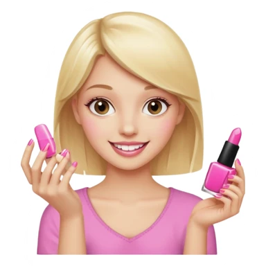 A happy blonde girl in pink holds nail polishes in her hand sticker