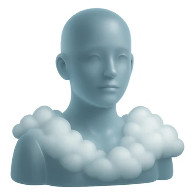 person looking straight ahead, shoulders filled with puffy white clouds, matte glass style sticker