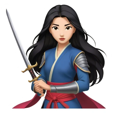 Cinematic Realistic Mulan Portrait, depicted with lifelike skin texture, soft natural lighting, and intricately detailed long black hair styled elegantly. Her deep, expressive eyes exude determination and grace, complemented by a serene yet confident expression. She stands with one hand resting on the hilt of her sword, the other by her side, exuding strength and poise. She is dressed in her classic attire, with rich fabric textures and delicate folds that catch the light beautifully. The portrait features a soft, enchanting glow with a natural, radiant finish, capturing the essence of timeless strength and beauty in a realistic and painterly style, evoking a sense of depth and authenticity. sticker