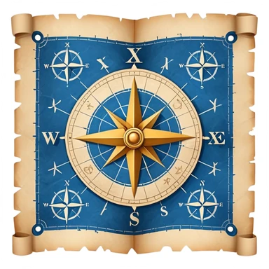 blue blueprint with white lines and treasure map elements including X mark, dotted path, compass rose sticker