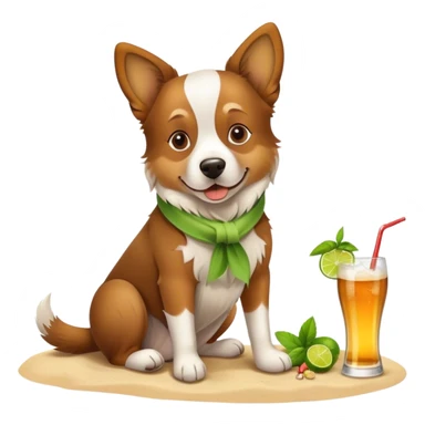 A dog sittign on the beach with a glass off mojito and empty beer bottle at his side sticker