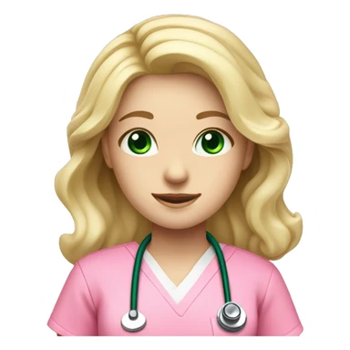 pale blonde girl with long wavy hair and green eyes wearing pink scrubs and stethoscope  sticker