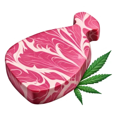 Pink marbled wagyu beef steak with cannabis leaf garnish sticker