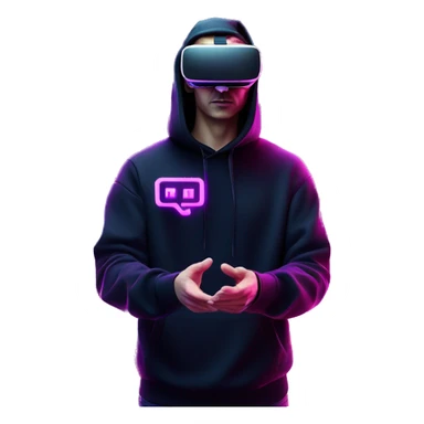 Russian man wearing a black hoodie with "OMG" letters on it and VR headset oculus quest 2 in a cyberpunk VR environment with violet neon lighting. Showing direction with hand sticker