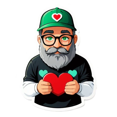 A bold man with a grey baseball cap, green eyes, big beard and glasses holding heart sticker