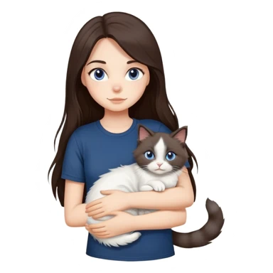 a girl with long dark brown hair, grey eyes, in a navy blue tshirt is hugging a ragdoll cat sticker