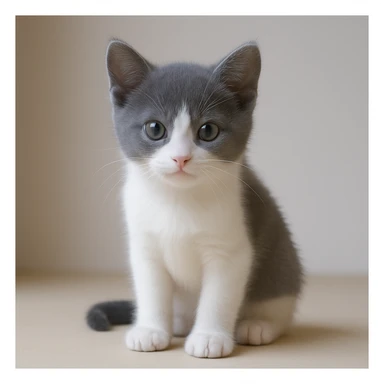 Make the cat look younger, like a kitten, with fur only gray on top and no stripes, white nose and underbelly, in a realistic and lifelike style. sticker