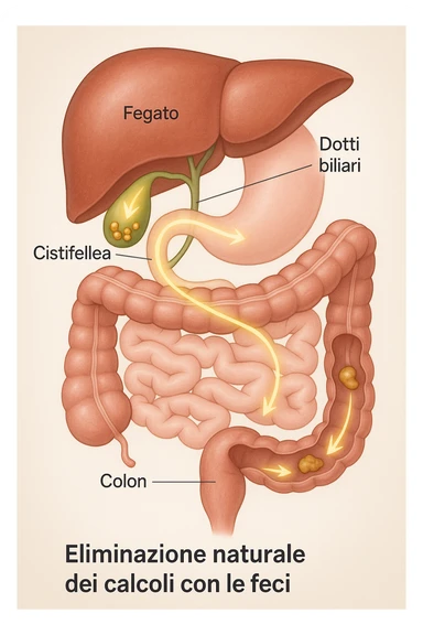 A realistic, educational medical illustration showing the human digestive tract focusing on the liver, gallbladder, bile ducts, and intestines. The gallbladder is depicted with small gallstones inside. A soft glowing arrow indicates the flow of bile and small stones moving naturally from the gallbladder through the bile ducts into the intestines. In the colon, small softened gallstones are shown being prepared for elimination, symbolizing their removal through bowel movements. The style is clean, precise, and clear with soft anatomical colors (greens, soft reds, and yellows) and faint glowing arrows to illustrate the process. The background is a subtle neutral gradient to keep the focus on the organs and the pathway. The image conveys the concept of natural gallstone elimination through the intestines via the stool in a clear, non-graphic, and educational way in italiano sticker