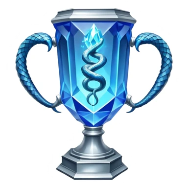 exact replica of Harry Potter Triwizard Cup trophy, hexagonal faceted cup with two curved snake handles, silver with blue glow sticker