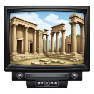 Icon for Documentary Film (TV style): A large TV screen with a host presenting in front of video footage showing ancient ruins. The design should evoke a vintage TV broadcast with historical content, complete with a clear view of the host and the ruins behind. Transparent background. sticker