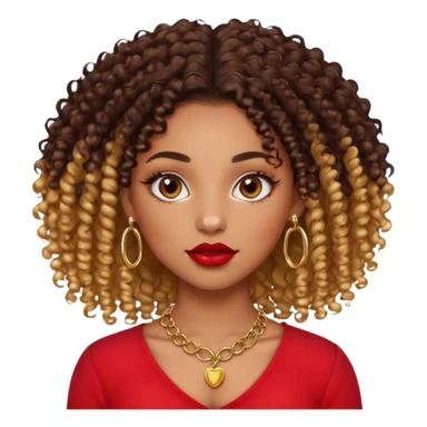 a light skinned black girl with 3b curly hair chocolate color eyelash extension ombre lips with gloss and red blouse gold nose ring piercing and gold septum piercing and gold necklace sticker