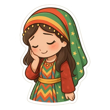 Cartoon sticker of a Kurdish woman wearing traditional colorful and cheerful Kurdish female clothing, face showing a shy expression, one hand on the cheek, head slightly down, no shadow or color halo around the image, no text, suitable for WhatsApp and Instagram, with a completely transparent background. sticker