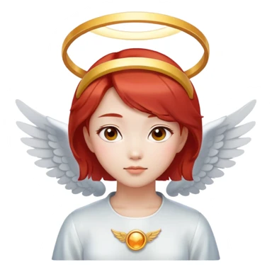 Asian angel girl with short red hair, oval face, and halo sticker
