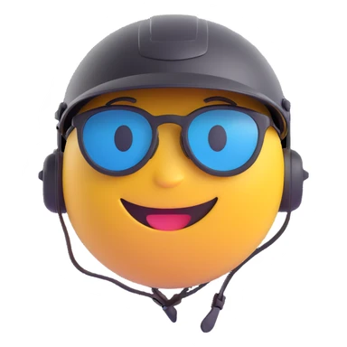 3D smiley emoji, round shape, motorcyclist with sunglasses: large black sunglasses, helmet, smiling face sticker