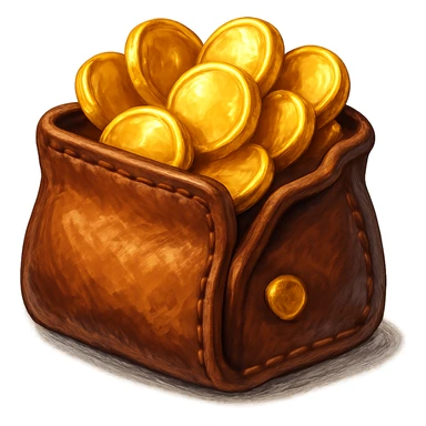 В cлегка рисованной, но при этом объемной и яркой стилистике сгенерируй картинку кожаного кошелька, из которого торчат фотореалистичные золотые монеты. Они должны выглядеть не как пластмассовые, а как настоящее золото. Прозрачный фон sticker
