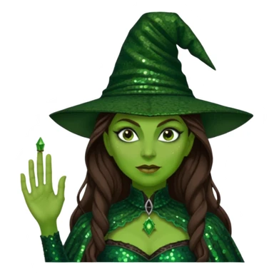 Elphaba, Wicked Witch of the West from The Wizard of Oz with long brown hair, dark green sequin outfit, green skin sticker
