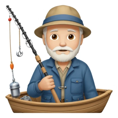 an old white haired, bearded man in fisherman attire, sat in a boat at sea, holding a fishing rod and catching fish with it. sticker