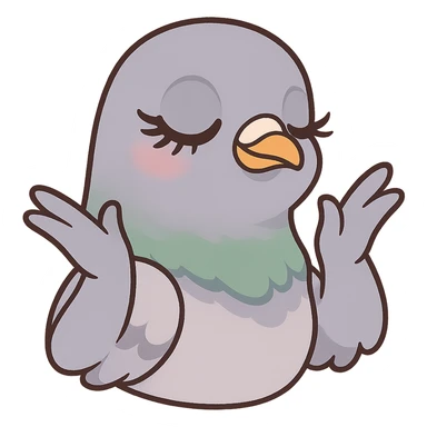 pigeon head with dramatic lashes and hands in a 'yasss' pose, playful style, cartoon style sticker