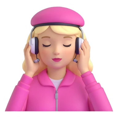 blonde American girl wearing a pink beret and AirPods Max headphones, listening to music with closed eyes sticker