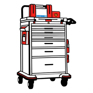 Singular Red medical crash cart is a mobile, multi-drawer unit designed to store and organize emergency medical supplies and equipment and a cardiac defibrillator on top sticker