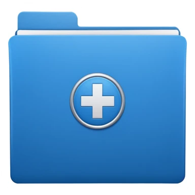 A simple emoji-style icon of a blue multipocket folder, clean and minimal, with layered inner tabs, subtle shading, and a small health/medical documents symbol on the front sticker