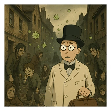 An early victorian slum area of London in the 1800s which is overpopulated, dirty and lots of waste on the floor.  There are ill looking people with germs in the air.  In the foreground is a confused looking doctor sticker