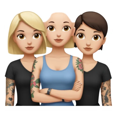 throuple blonde femaleand brunette female with bald tattooed sticker