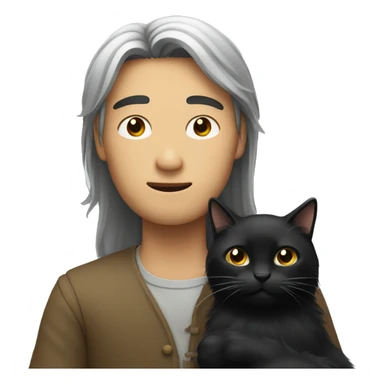 Long haired Asian man holding black cat sticker