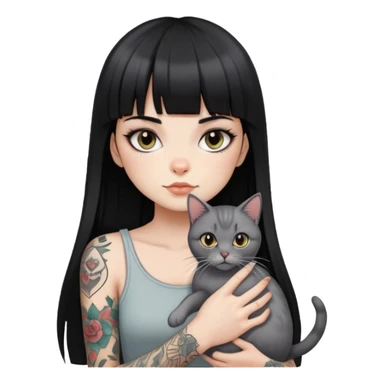 girl with long black  straight bangs hair and tattoos and a light grey-shared cat sticker