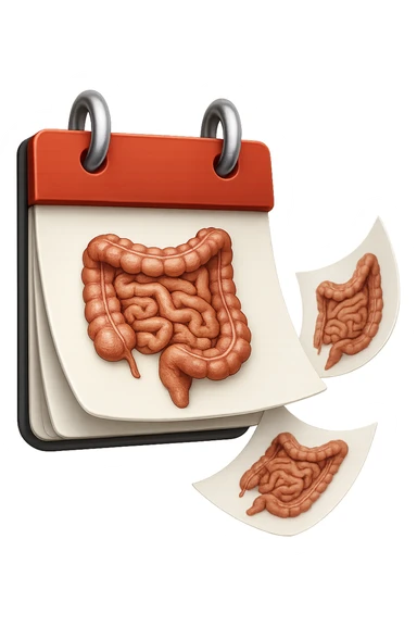 emoji stile iphone di un calendario con fogli che volano insieme, sui fogli ci sono disegnati degli intestini anatomici, iperrealistico 4k, isolato su sfondo bianco sticker