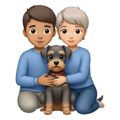 a boy and a shorthair girl hugs a Schnauzer sticker