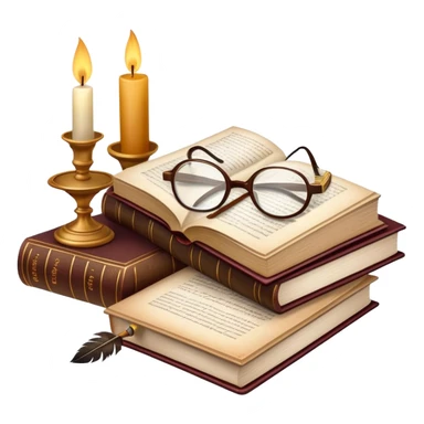 An icon showing an open classic book with elegant pages, a feather quill, and reading glasses resting on top. Behind it, a stack of literary works and a candle evoke deep study and timeless stories. Transparent background highlights the analysis of literature and texts. sticker