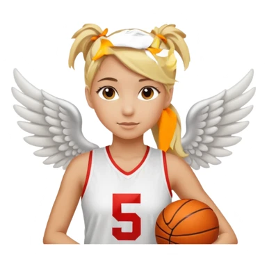 blonde girl with ponytail and white basketball jersey with number 5 and wings  sticker