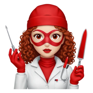 Scary woman scalpel in hand, evil surgeon sexy surgeon clothes.  She has red eyes. Her  brown long curly hair. Wears sexy doctor outfit with red gloves. make her wear red ski mask  to hide. Wears white surge9n jcketneb sticker