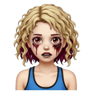 Crie um emoji de uma garota zumbi, como esta: "🧟‍♀️'. Porém invés da camiseta, uma regata fina e de cor preta, os cabelos loiros escuros na altura do ombro e picotado, liso na raiz e cacheado nas pontas, com mechas azuis na frente e a parte de trás pintada de vermelho vinho sticker