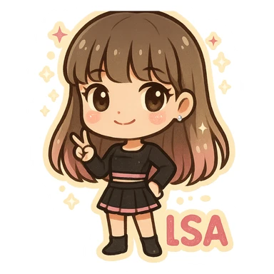 chibi sticker of Lisa from BLACKPINK, black and pink colors, cute and collectible style, with glitter and sparkles sticker