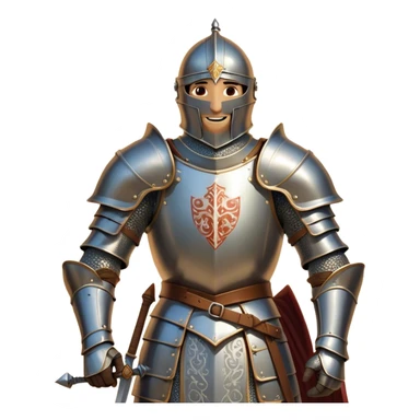 Clash of Clans aesthetic Cheerful Knight Portrait Emoji, With a radiant smile and an upright, confident stance, featuring an elegantly armored figure with intricate detailing and shining accents, his face in a natural skin tone, Simplified yet expressive features, highly detailed, glowing with a soft, luminous aura, high shine, upbeat and noble, stylized with an air of classic medieval heroism, soft glowing outline, capturing the essence of a cheerful knight ready to embark on legendary adventures! sticker
