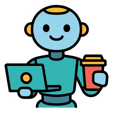 humanoid robot holding a laptop and coffee cup, looking eager, Gen AI intern, flat icon style sticker